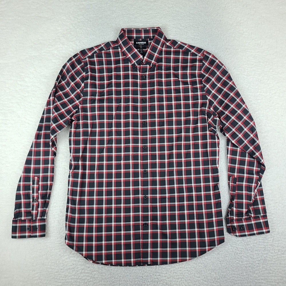 EXPRESS Shirt Mens Large Black Red Plaid Performance Slim Fit Dress Button Up